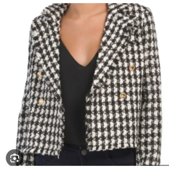 House of Harlow 1960 Houndstooth Tweed Double Breast Cropped Blazer Jacket Wool - Picture 1 of 6